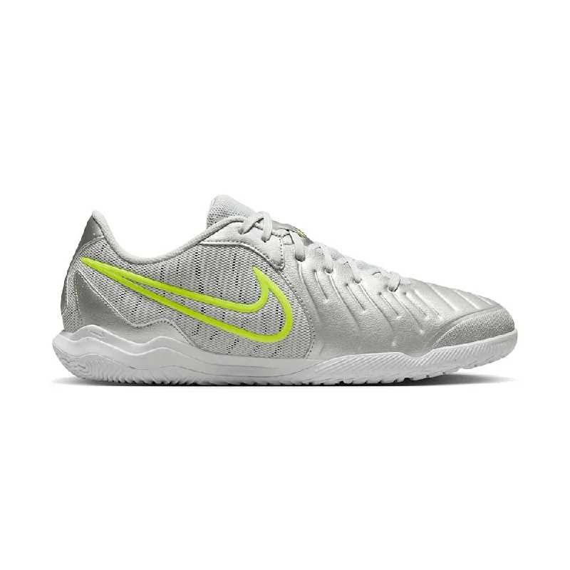 Football Shoes With Soft Touch Feel-Tiempo Legend 10 Academy IC Indoor Soccer Shoe - Metallic Silver/White/Volt - Regular (D)