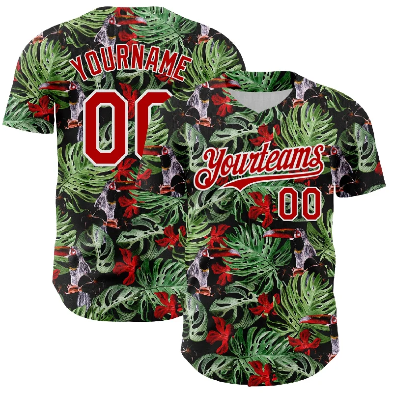 Baseball Jersey With Premium Stitching-Custom Black Red-White 3D Pattern Design Tropical Plant And Bird Authentic Baseball Jersey