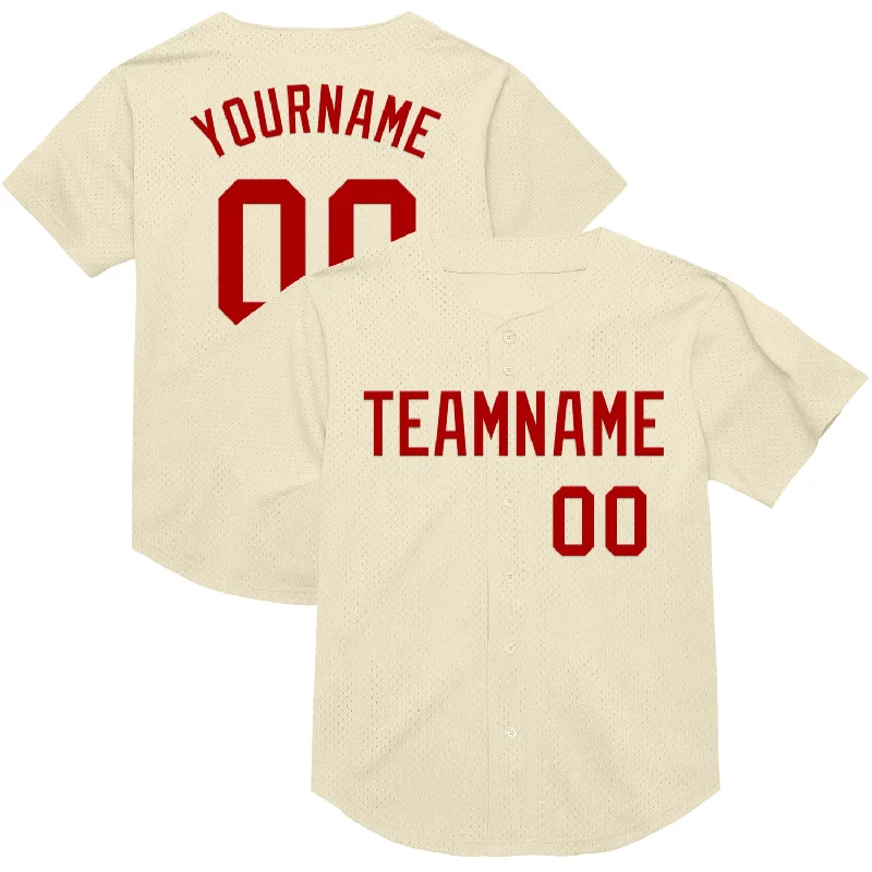 Baseball Jersey With Mesh Side Panels-Custom Cream Red Mesh Authentic Throwback Baseball Jersey