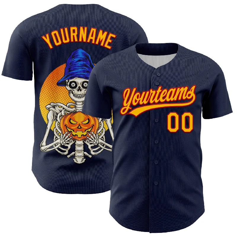 Baseball Jersey With Glow-In-The-Dark Print-Custom Navy Gold-Red 3D Halloween Authentic Baseball Jersey