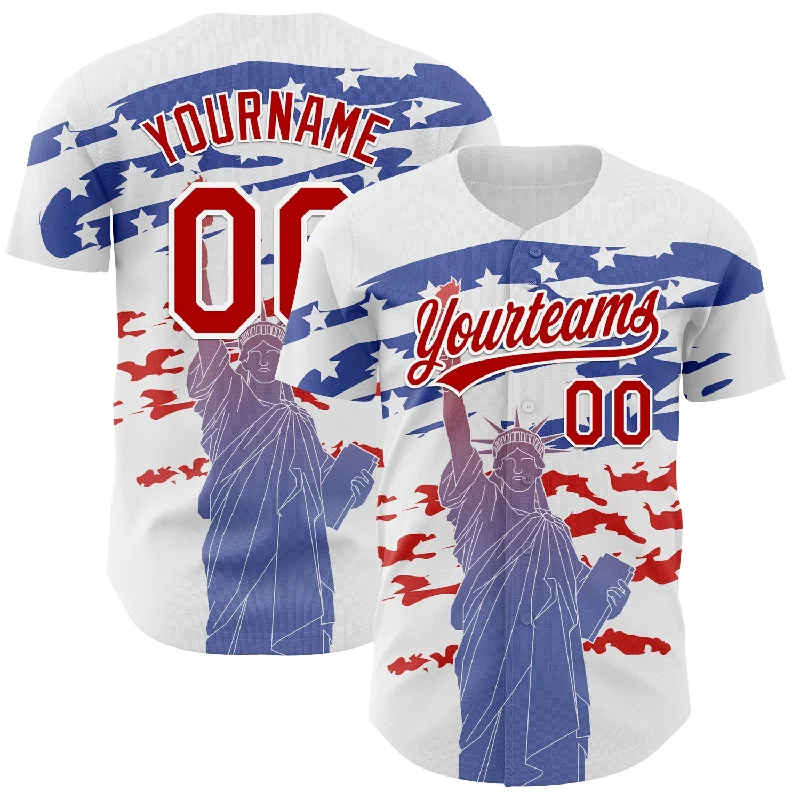 Baseball Jersey With High Collar-Custom White Red 3D American Flag And Statue of Liberty Authentic Baseball Jersey