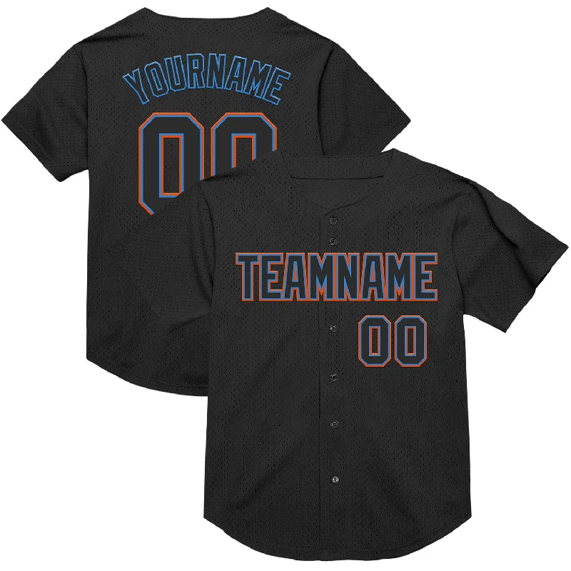 Baseball Jersey With Pop Culture References-Custom Black Electric Blue-Orange Mesh Authentic Throwback Baseball Jersey