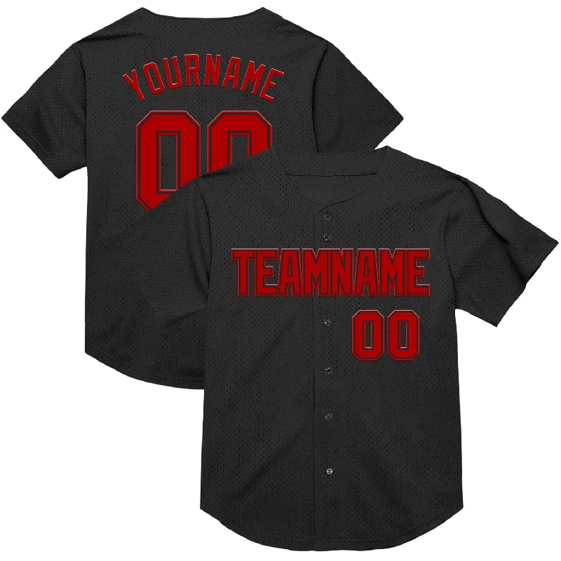 Baseball Jersey With Authentic MLB Look-Custom Black Red Mesh Authentic Throwback Baseball Jersey