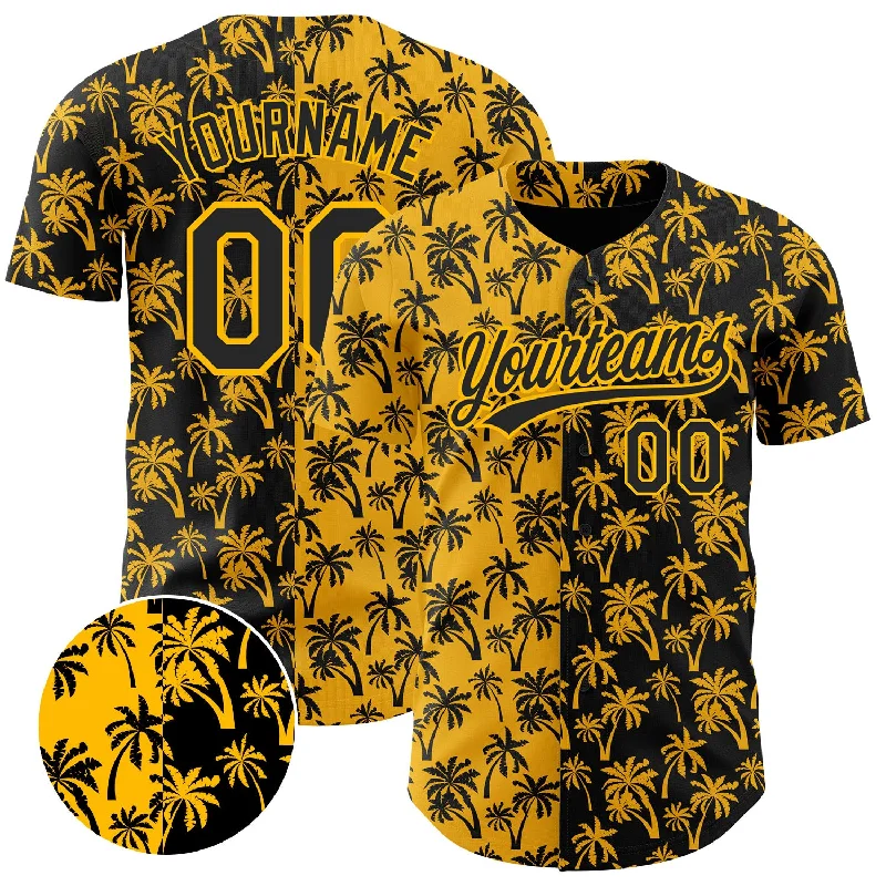 Baseball Jersey For Custom Teams-Custom Gold Black 3D Pattern Design Tropical Hawaii Palm Trees Authentic Baseball Jersey