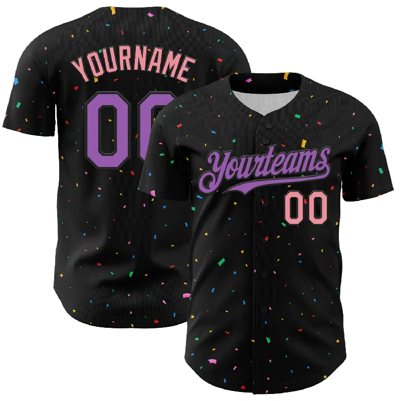 Baseball Jersey With Classic Pinstripes-Custom Black Medium Purple-Medium Pink 3D Pattern Design Confetti Authentic Baseball Jersey