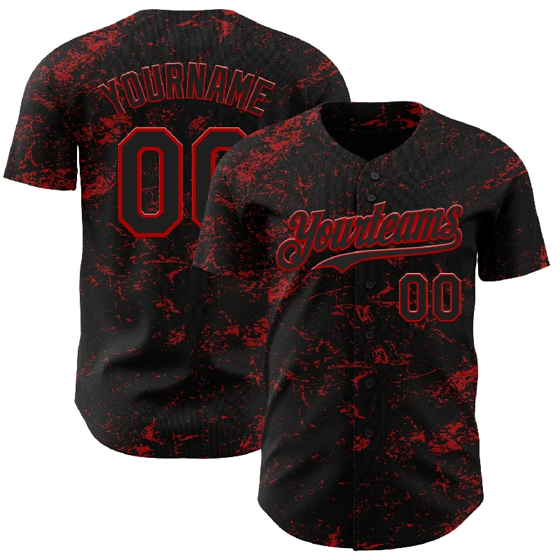 Baseball Jersey With Contrast Sleeves-Custom Black Red 3D Pattern Design Abstract Splatter Texture Authentic Baseball Jersey