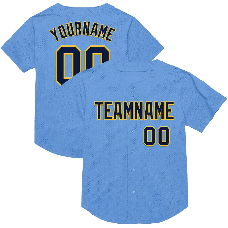 Baseball Jersey With Logo-Custom Light Blue Navy-Yellow Mesh Authentic Throwback Baseball Jersey