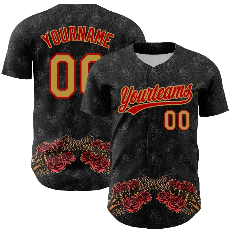 Baseball Jersey For Softball-Custom Black Old Gold-Red 3D Pattern Design Gothic Style Gun With Rose Authentic Baseball Jersey