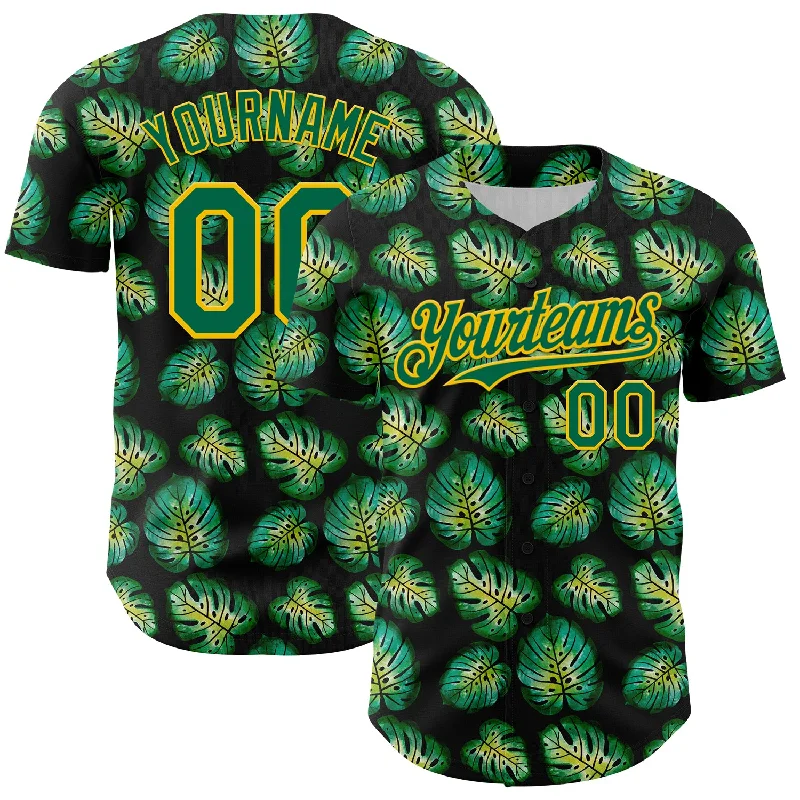 Baseball Jersey With High Collar-Custom Black Kelly Green-Gold 3D Pattern Design Tropical Monstera Authentic Baseball Jersey