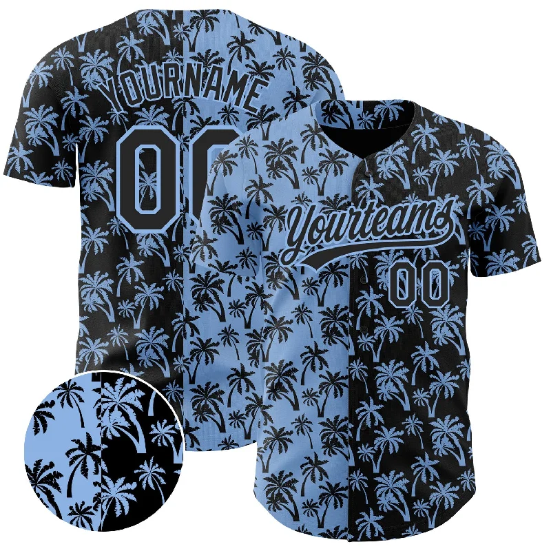 Baseball Jersey For Youth Teams-Custom Light Blue Black 3D Pattern Design Tropical Hawaii Palm Trees Authentic Baseball Jersey