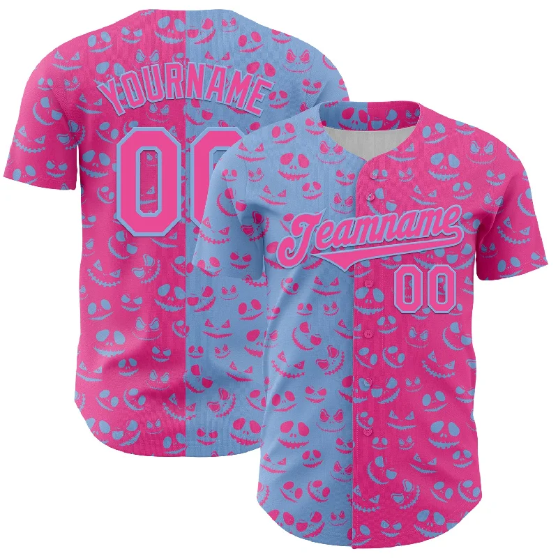 Baseball Jersey With Stretchable Fabric-Custom Pink Light Blue 3D Pattern Design Rave Halloween Pumpkin Authentic Baseball Jersey