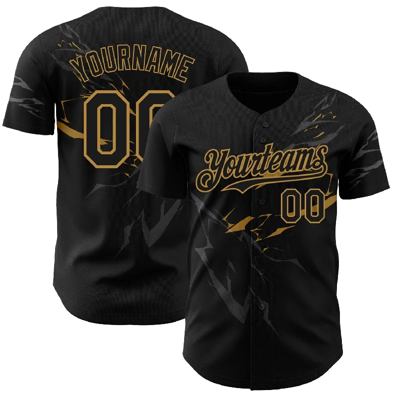 Baseball Jersey With Heat-Pressed Graphics-Custom Black Old Gold 3D Pattern Design Lightning Authentic Baseball Jersey