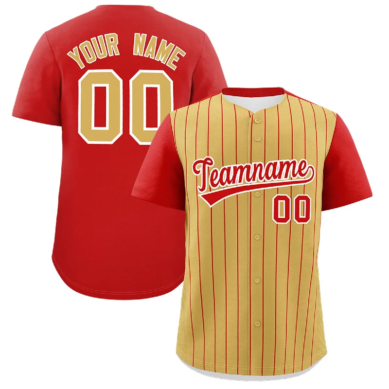 Baseball Jersey For High School-Custom Old Gold Red Pinstripe Personalized Two-Tone Authentic Baseball Jersey