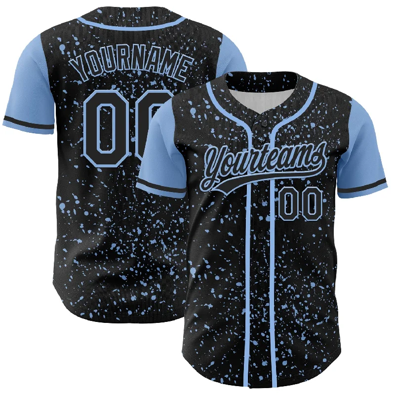 Baseball Jersey With Comic Book Theme-Custom Black Light Blue 3D Pattern Design Abstract Splatter Ink Authentic Baseball Jersey