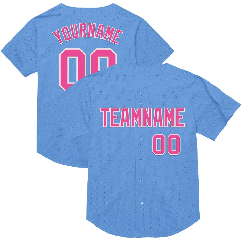 Baseball Jersey With Breathable Material-Custom Light Blue Pink-White Mesh Authentic Throwback Baseball Jersey