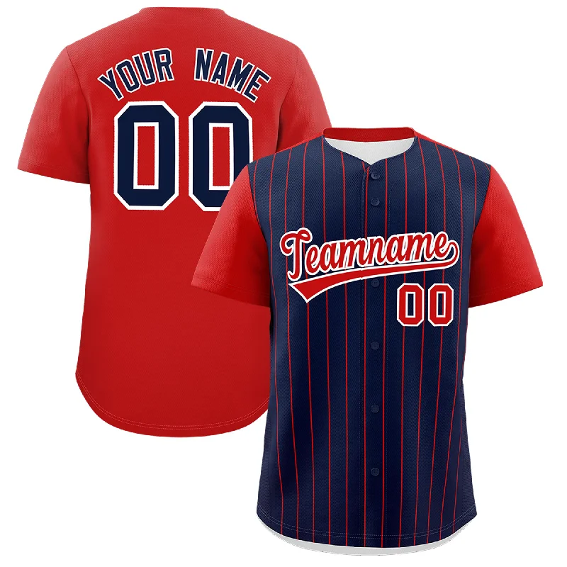 Baseball Jersey With Satin Finish-Custom Navy Red Pinstripe Personalized Two-Tone Authentic Baseball Jersey