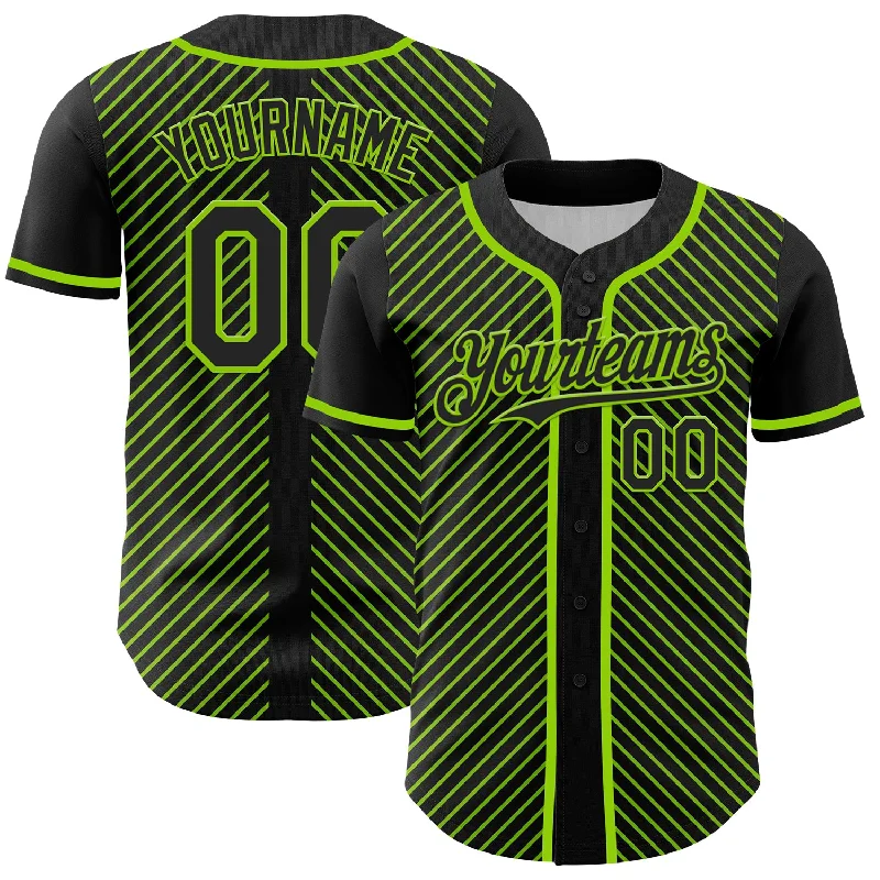 Baseball Jersey With Digital Print-Custom Black Neon Green 3D Pattern Design Diagonal Stripes Authentic Baseball Jersey