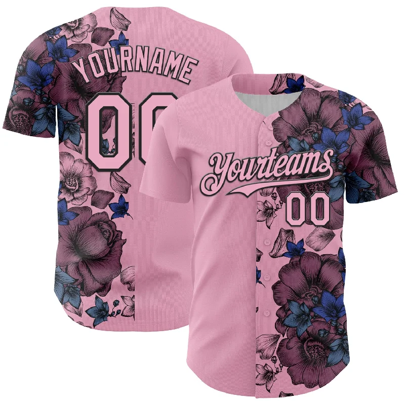 Baseball Jersey With Patches-Custom Light Pink Black 3D Pattern Design Vintage Tattoos Authentic Baseball Jersey