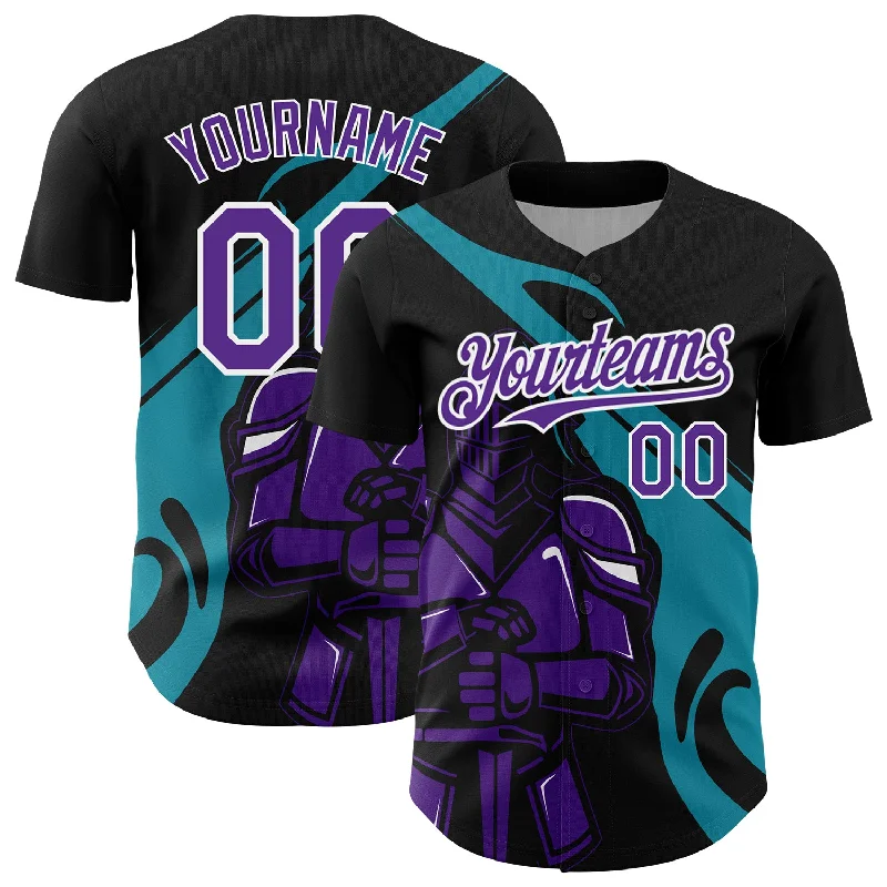 Baseball Jersey With Reflective Details-Custom Black Purple-Teal 3D Pattern Design Knight Hero Art Authentic Baseball Jersey