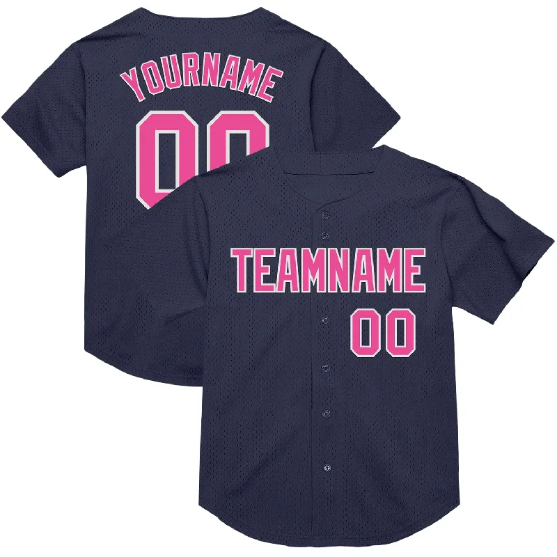 Baseball Jersey With Cotton Blend-Custom Navy Pink-White Mesh Authentic Throwback Baseball Jersey