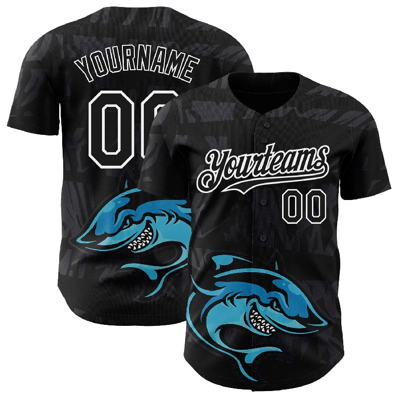 Baseball Jersey With Split Color Design-Custom Black White 3D Pattern Design Animal Shark Authentic Baseball Jersey