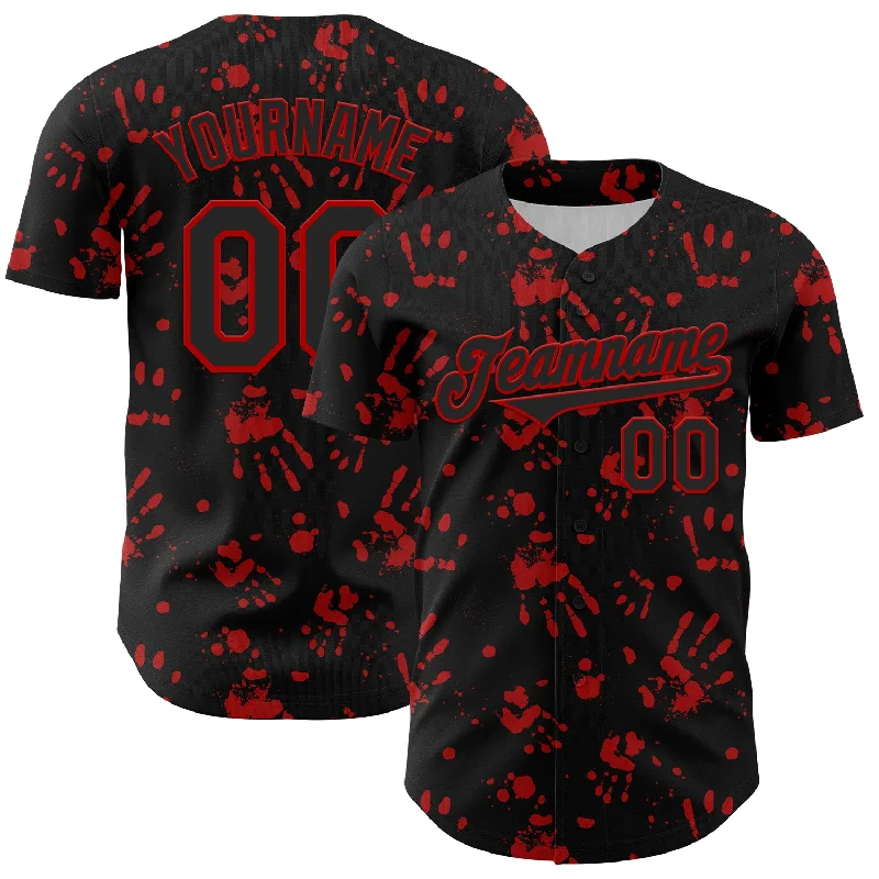 Baseball Jersey With Reinforced Seams-Custom Black Red 3D Pattern Design Rave Bloody Handprint Authentic Baseball Jersey