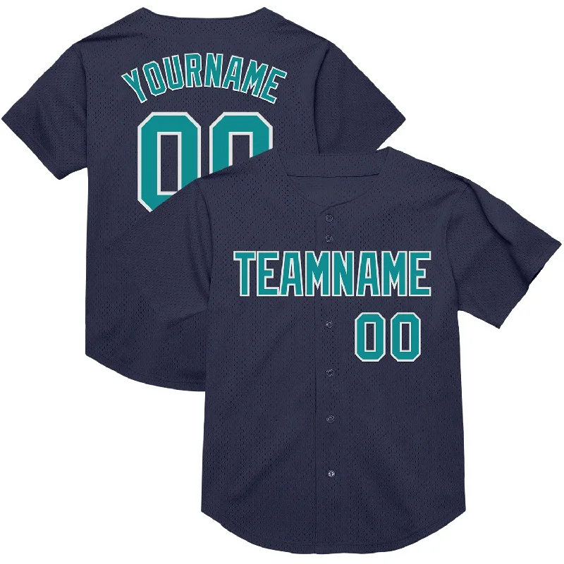 Baseball Jersey For Umpires-Custom Navy Teal-White Mesh Authentic Throwback Baseball Jersey