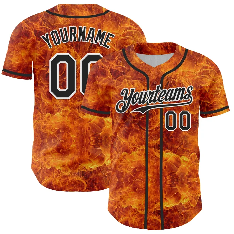 Baseball Jersey With Player Tribute-Custom Orange Black-White 3D Pattern Design Rave Flame Authentic Baseball Jersey