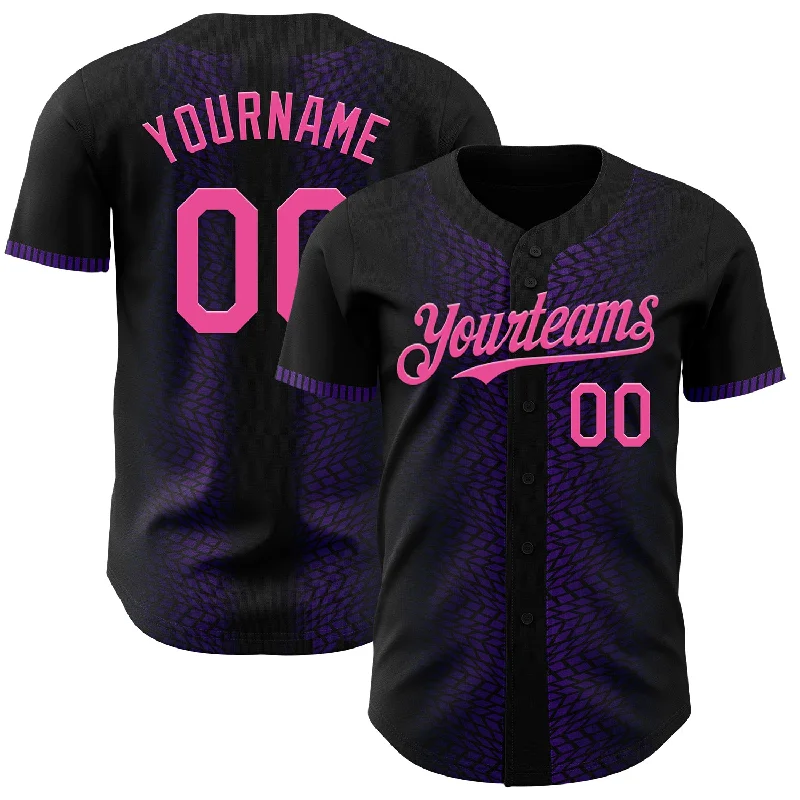 Baseball Jersey With Side Stripes-Custom Black Pink-Purple 3D Pattern Design Geometric Shapes Authentic Baseball Jersey