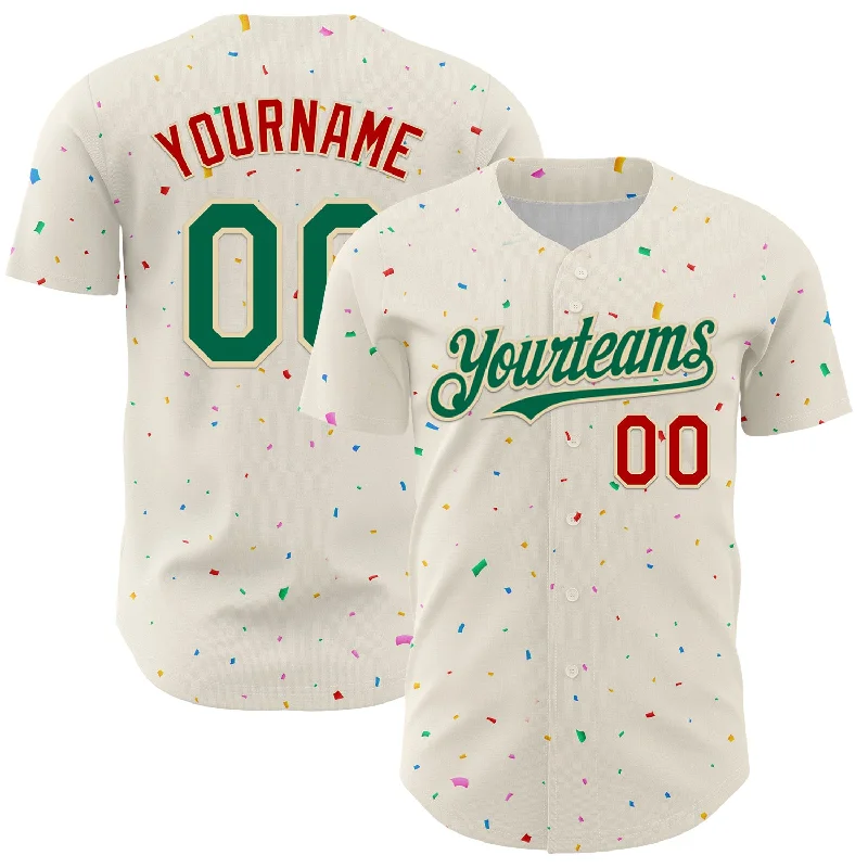 Baseball Jersey With Glow-In-The-Dark Print-Custom Cream Kelly Green-Red 3D Pattern Design Confetti Authentic Baseball Jersey