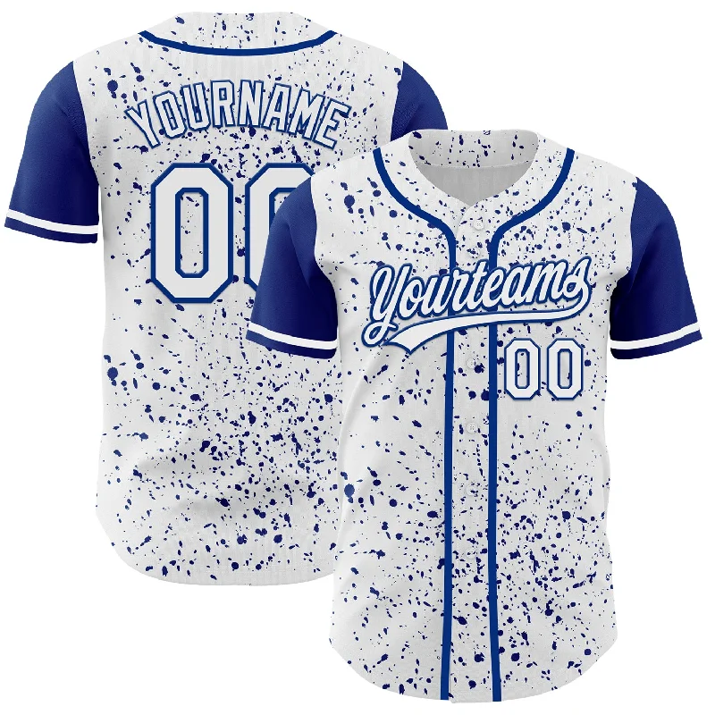 Baseball Jersey With Authentic MLB Look-Custom White Royal 3D Pattern Design Abstract Splatter Ink Authentic Baseball Jersey