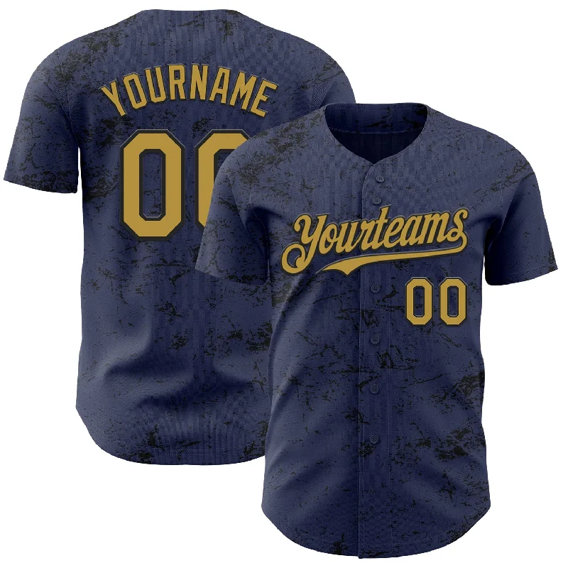 Baseball Jersey With Commemorative Patch-Custom Navy Old Gold-Black 3D Pattern Design Abstract Splatter Texture Authentic Baseball Jersey