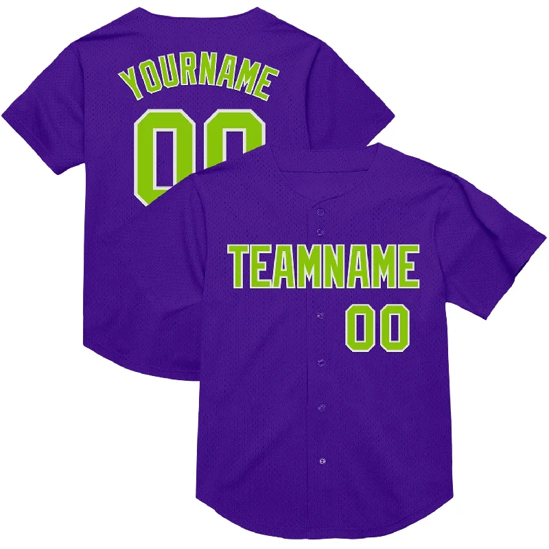 Baseball Jersey For Kids-Custom Purple Neon Green-White Mesh Authentic Throwback Baseball Jersey