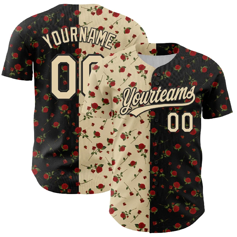 Baseball Jersey With Stitched Letters-Custom Black Cream 3D Pattern Design Gothic Style Rose Authentic Baseball Jersey