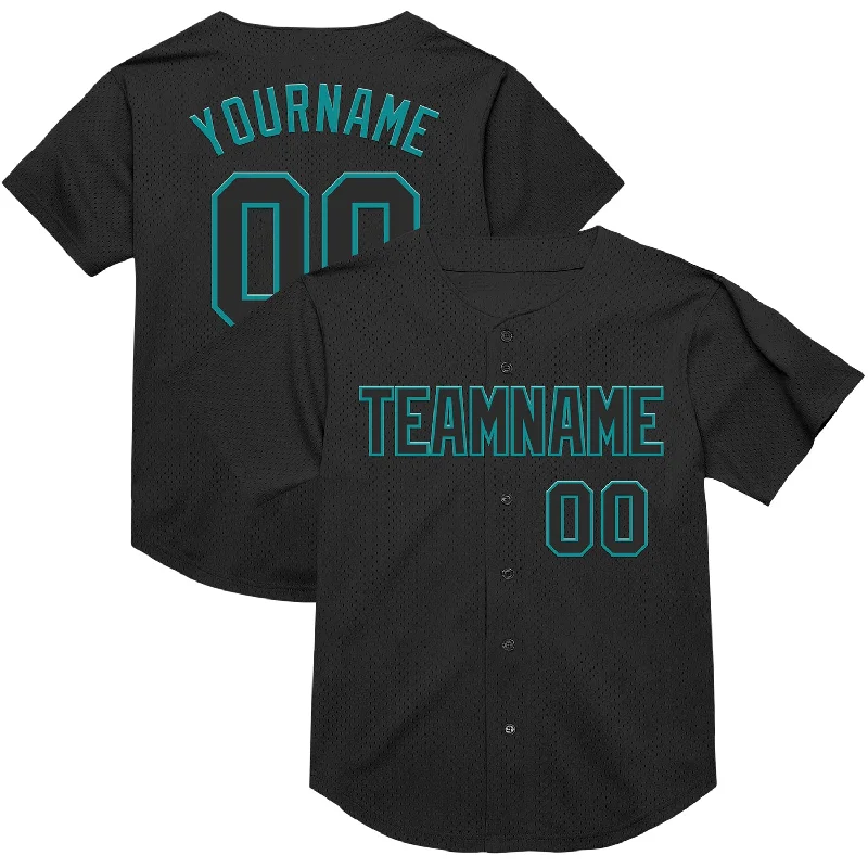 Baseball Jersey For Toddlers-Custom Black Teal Mesh Authentic Throwback Baseball Jersey