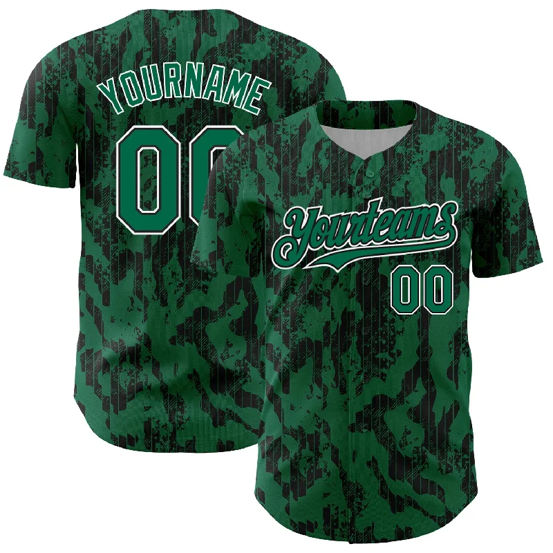 Baseball Jersey With Ribbed Collar-Custom Kelly Green Black-White 3D Pattern Design Abstract Fluid Authentic Baseball Jersey