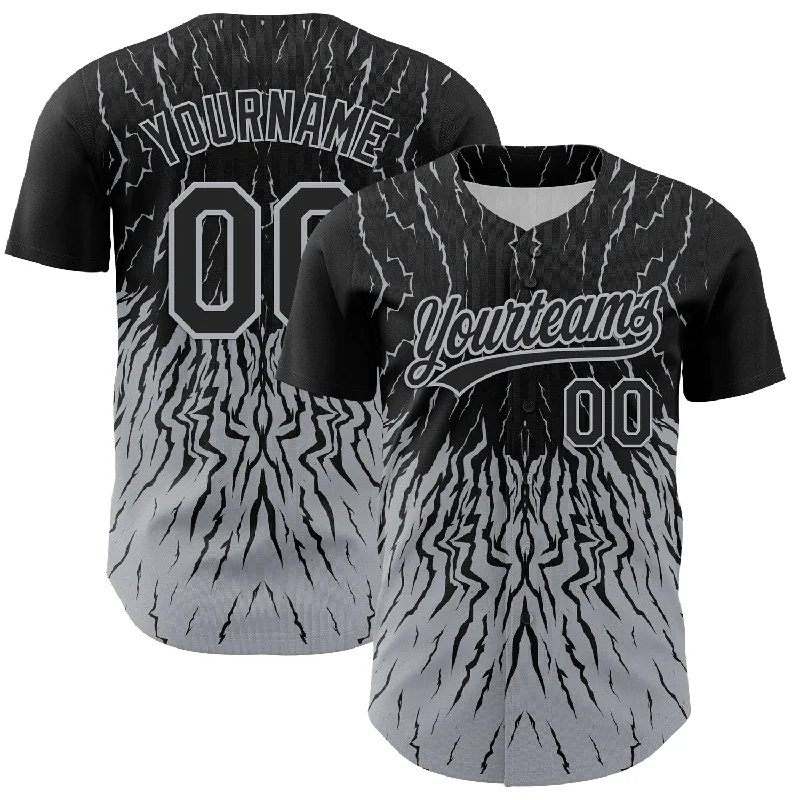 Baseball Jersey With Glow-In-The-Dark Print-Custom Black Gray 3D Pattern Design Abstract Wave Authentic Baseball Jersey