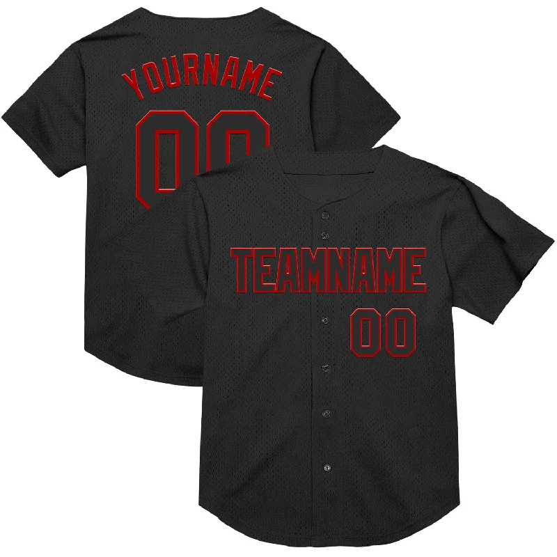 Baseball Jersey With Color Block Design-Custom Black Red Mesh Authentic Throwback Baseball Jersey