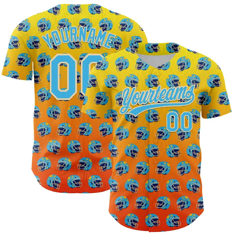 Baseball Jersey With Graffiti-Style Design-Custom Light Yellow Sky Blue Orange-Cream 3D Pattern Design Football Helmet Authentic Baseball Jersey