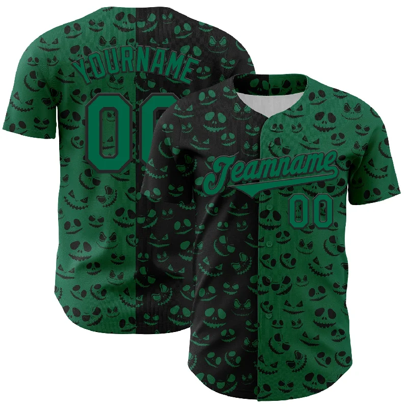 Baseball Jersey With Reflective Details-Custom Kelly Green Black 3D Pattern Design Rave Halloween Pumpkin Authentic Baseball Jersey