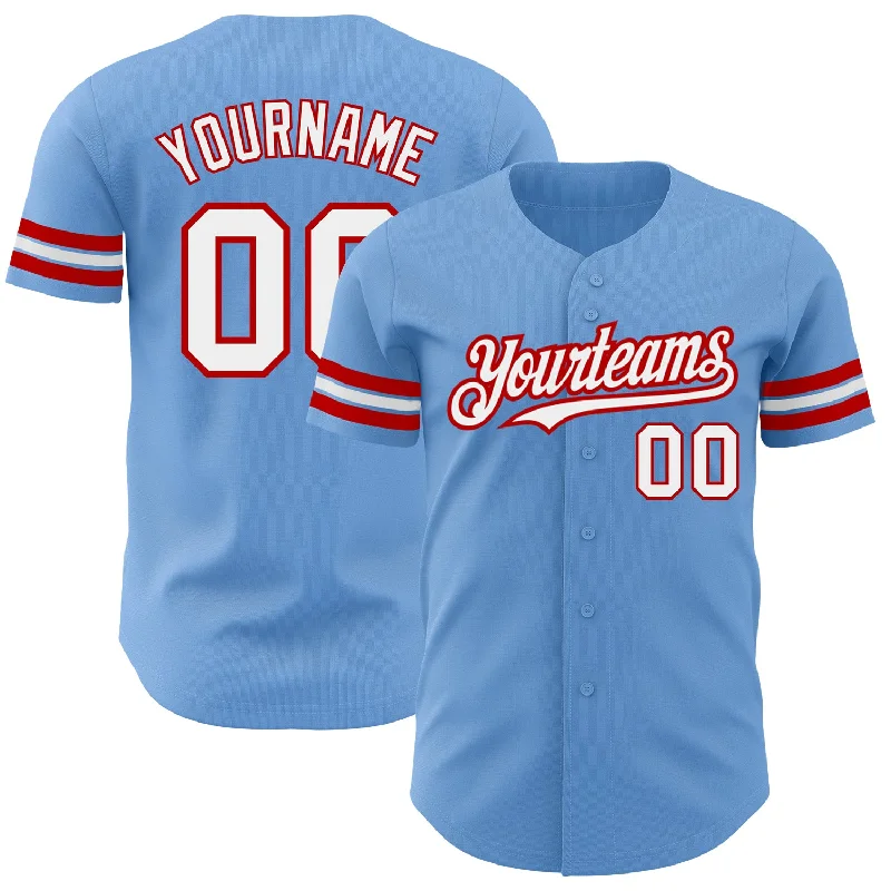 Baseball Jersey With Neon Accents-Custom Light Blue White-Red Authentic Baseball Jersey