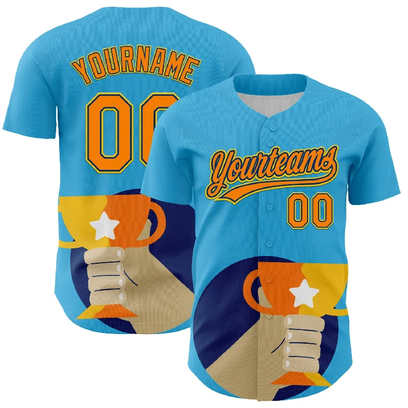 Baseball Jersey With Worn-In Effect-Custom Sky Blue Bay Orange US Navy Blue-Yellow 3D Pattern Design Champion Trophy Authentic Baseball Jersey