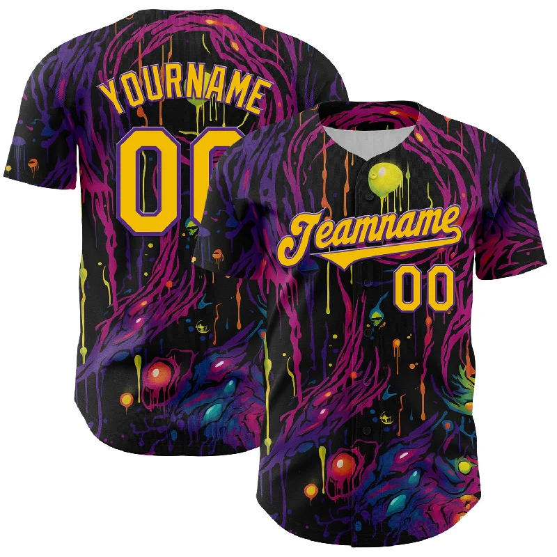 Baseball Jersey With Easy Wash Material-Custom Black Yellow-Purple 3D Pattern Design Rave Tree With Eye Authentic Baseball Jersey