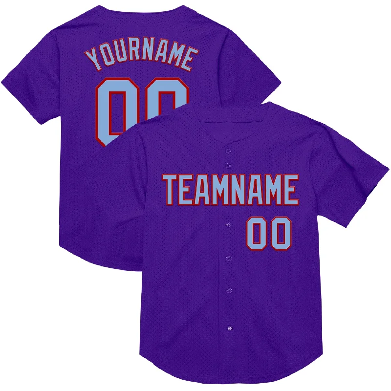 Baseball Jersey With Buttons-Custom Purple Light Blue-Red Mesh Authentic Throwback Baseball Jersey