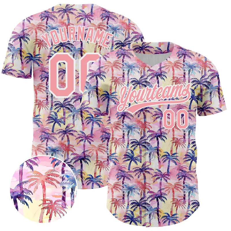 Baseball Jersey With Secure Zipper Pocket-Custom Medium Pink White 3D Pattern Design Tropical Hawaii Palm Trees Authentic Baseball Jersey