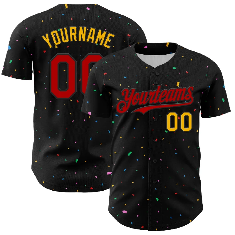 Baseball Jersey With Puffy Print-Custom Black Red-Gold 3D Pattern Design Confetti Authentic Baseball Jersey