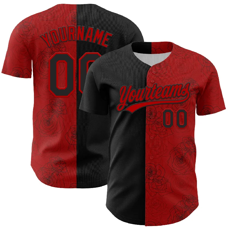 Baseball Jersey For Game Day-Custom Red Black 3D Pattern Design Gothic Style Rose Authentic Baseball Jersey