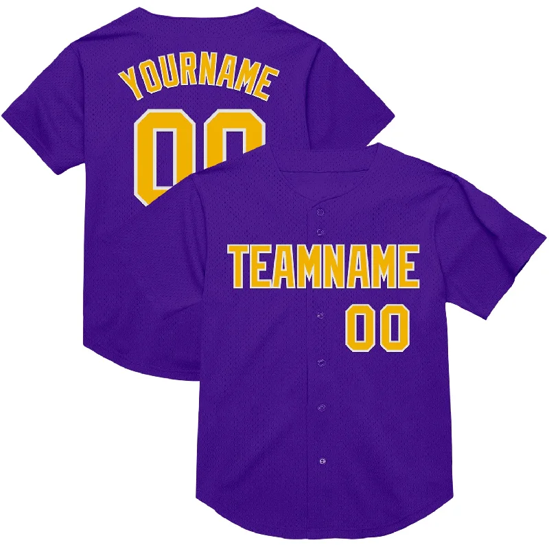 Baseball Jersey With Stitched Letters-Custom Purple Gold-White Mesh Authentic Throwback Baseball Jersey