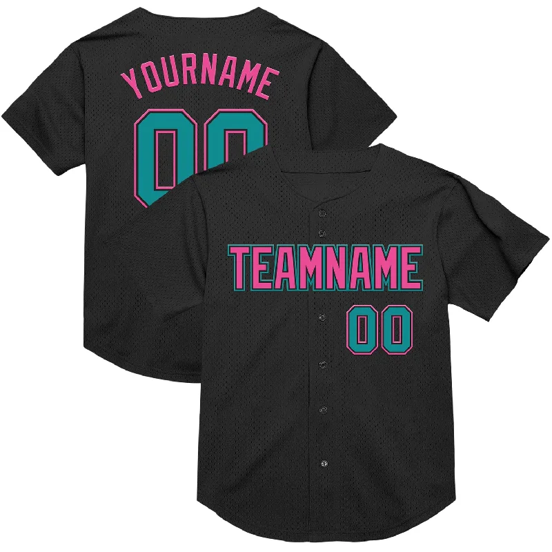 Baseball Jersey With Oversized Sleeves-Custom Black Teal-Pink Mesh Authentic Throwback Baseball Jersey