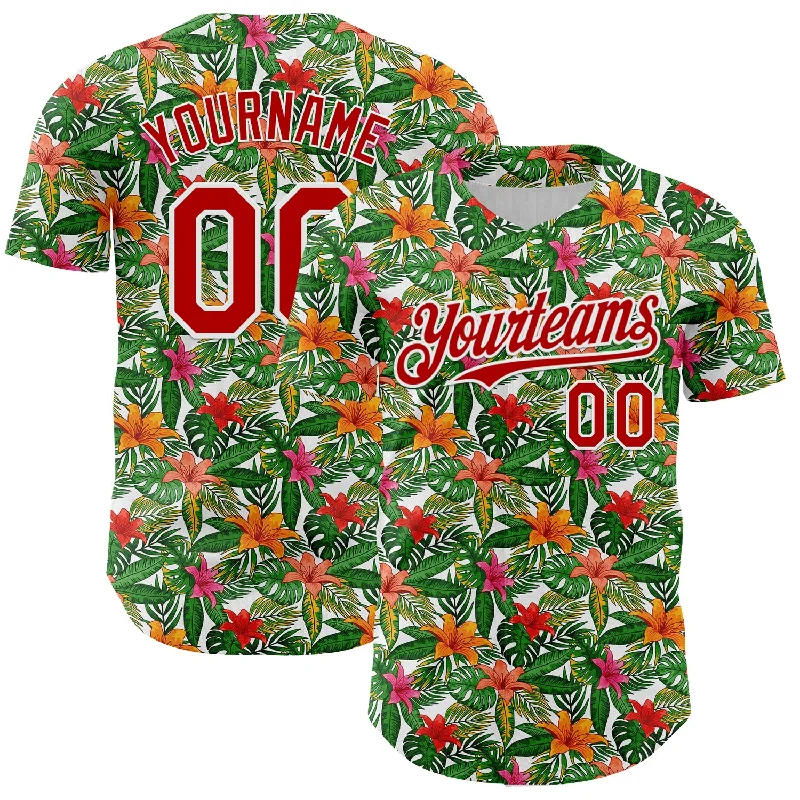 Baseball Jersey With Oversized Sleeves-Custom White Red 3D Pattern Design Tropical Flower Authentic Baseball Jersey